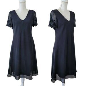 Plaza South Women's Black Chiffon Dress Feminine Velvet Floral Sleeves Sz 8